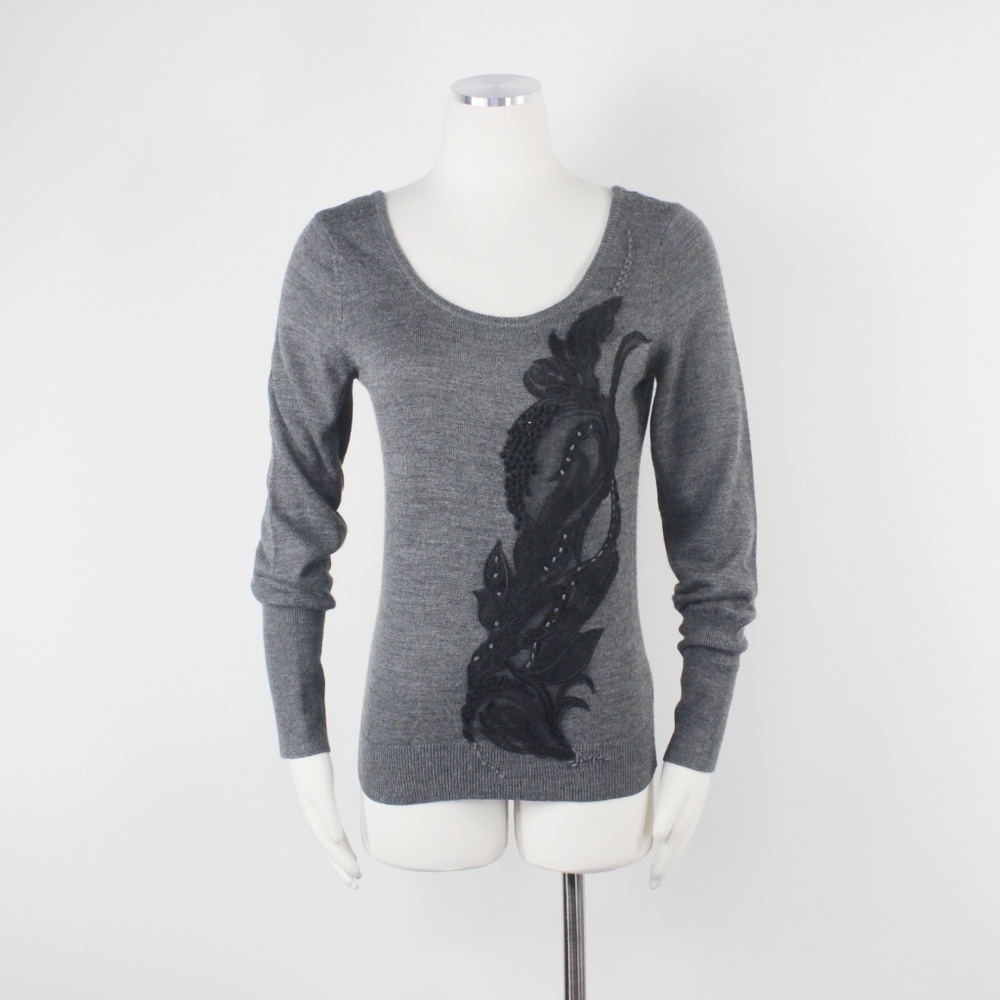 Anthropologie Torie Lace Beads Grey Wool Sweater S - Picture 3 of 8